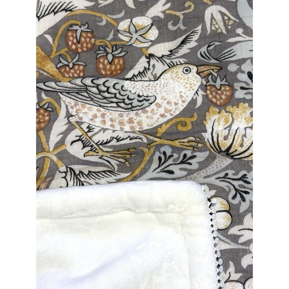 William Morris & Co Strawberry Thief Throw Blanket Cotton Gauze Fleece Grey NWT - Picture 2 of 13
